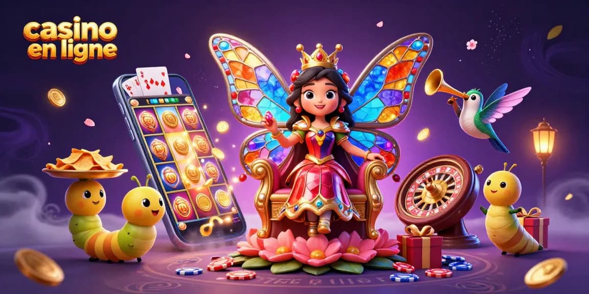 Gagnez au casino en ligne avec une reine papillon et des éléments de jeu animés.