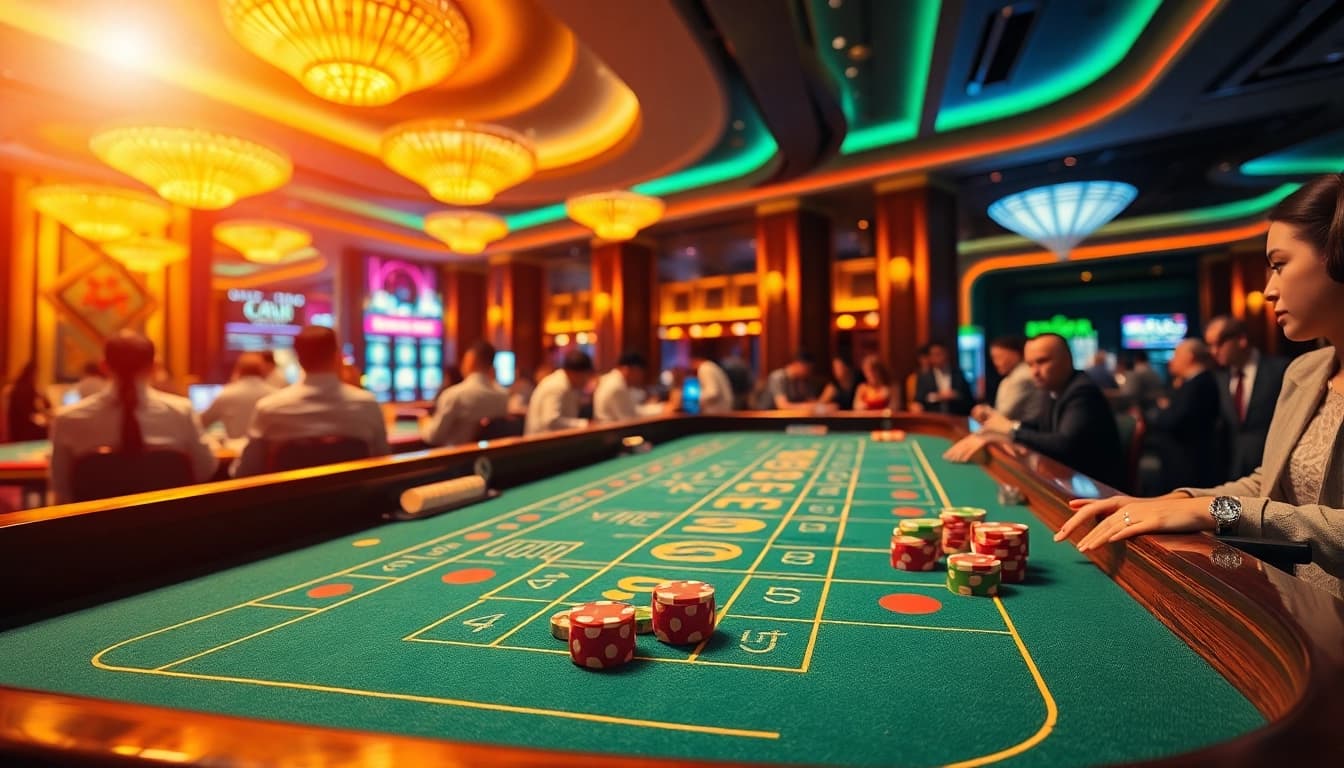 Menggambarkan suasana lemacau casino dengan pemain berdedikasi yang bersaing di meja craps.