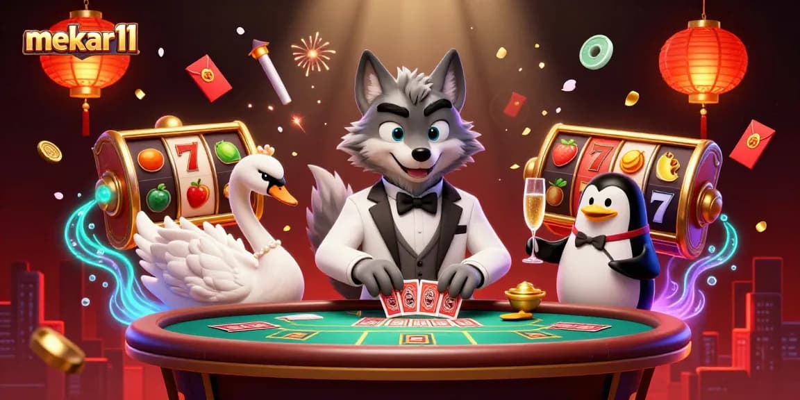 Mekar11 captivates with a vibrant 3D scene featuring a debonair wolf at a baccarat table, elegant swan, and champagne-presenting penguin.