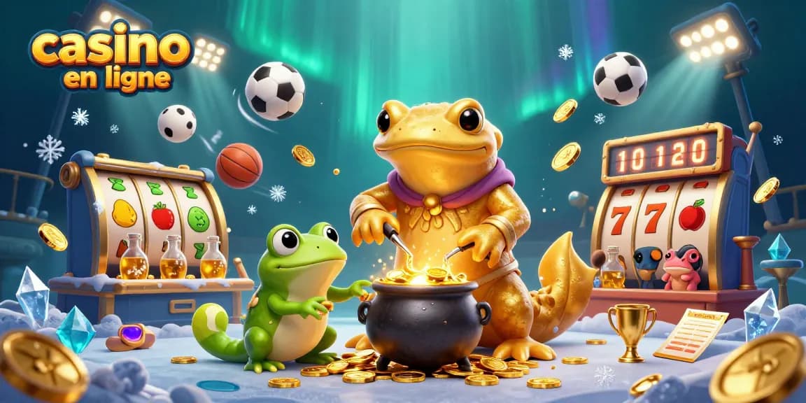Découverte d'un univers de jeux casino en ligne avec un alchimiste, grenouille, et pièces d'or.