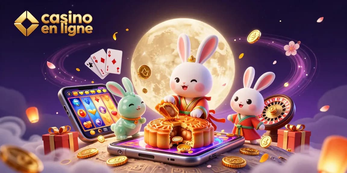 Illustration 3D représentant un casino en ligne avec un lapin de lune et des éléments de jeu vibrants.