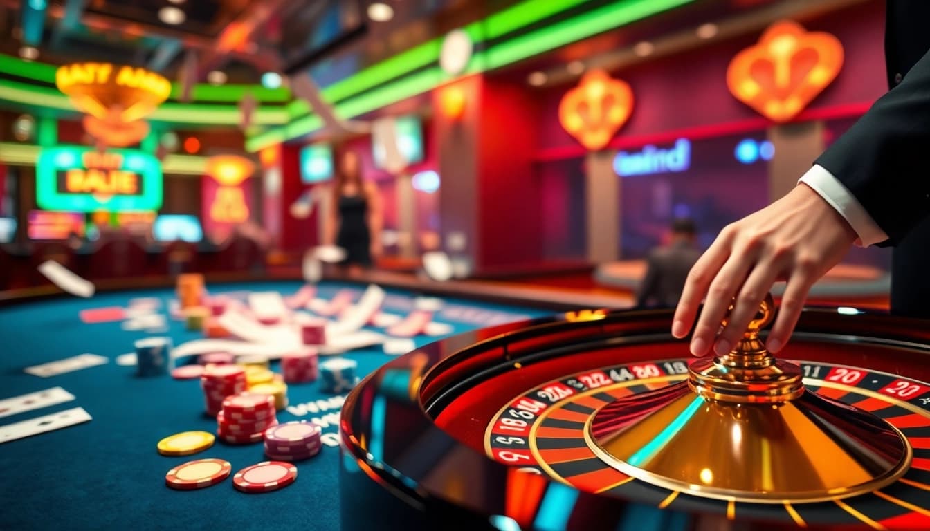 Experience exciting casino bonuses through a colorful online gaming scene with a dealer at a roulette table.