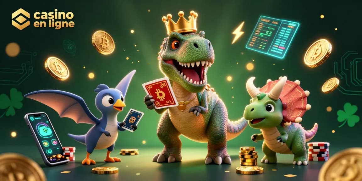 Casino en ligne : T-Rex, ptérodactyle et tricératops jouent aux cartes et empilent des jetons dorés.