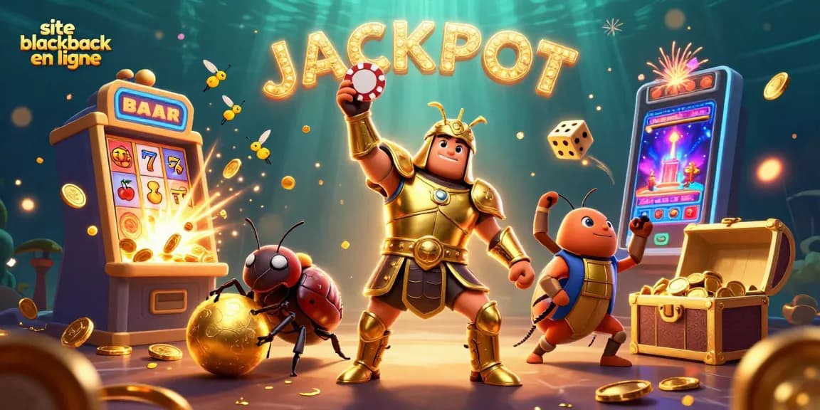 Jouez au blackjack en ligne avec ce personnage de scarabée en armure dorée levant une puce de poker pour célébrer un jackpot.
