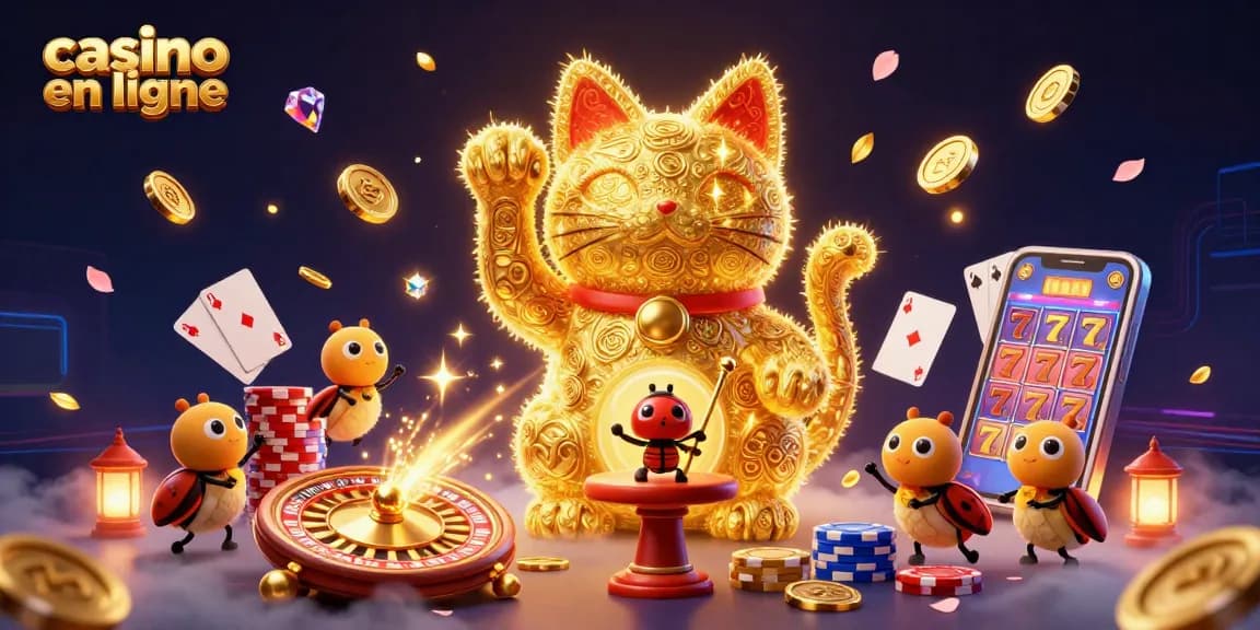 Profitez des jeux de casino en ligne avec une illustration captivante de symboles et jeux variés.