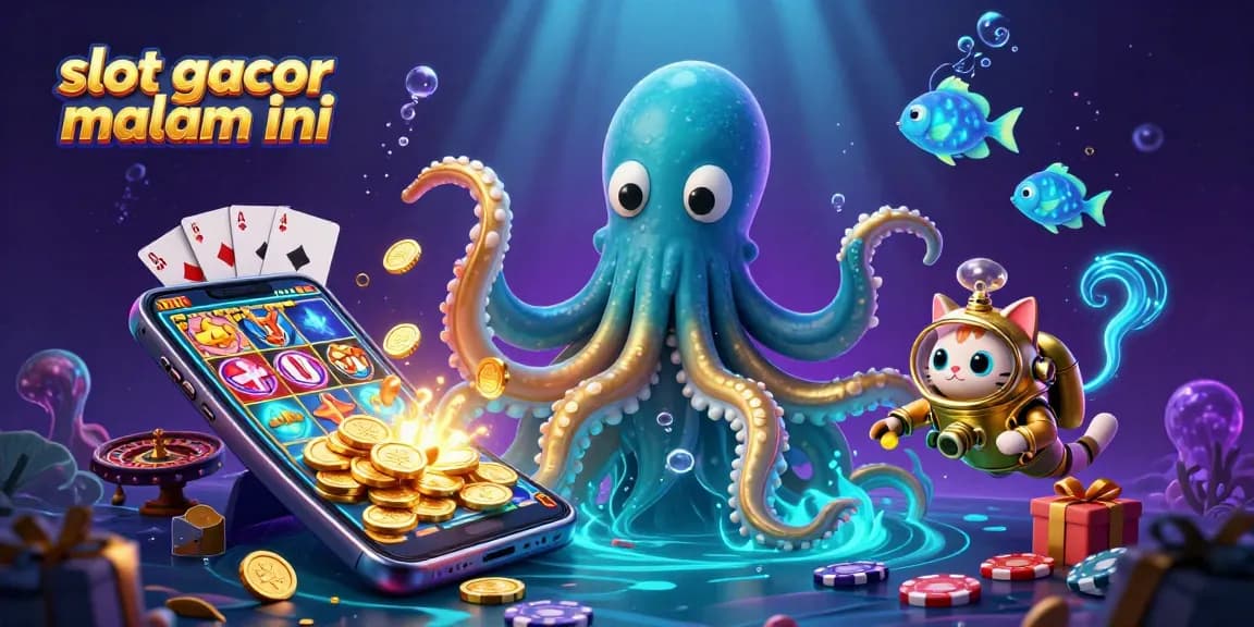 Spin the reels of slot gacor malam ini with a kraken, diving cat, and bioluminescent fish in a treasure-filled scene.