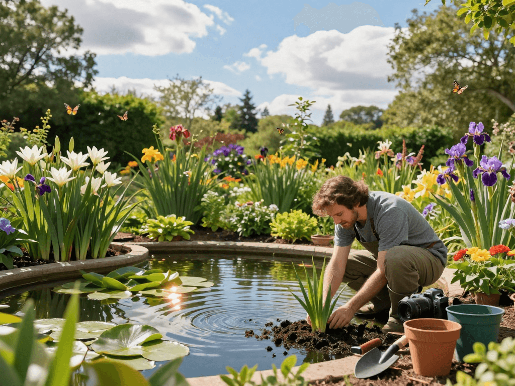 Buy Pond Plants Online by planting aquatic greenery in a sunny garden.