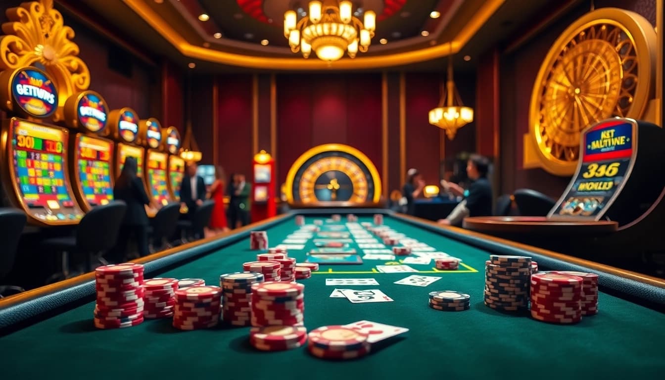 S8 casino gaming atmosphere with poker chips and a roulette wheel in a luxurious setting.