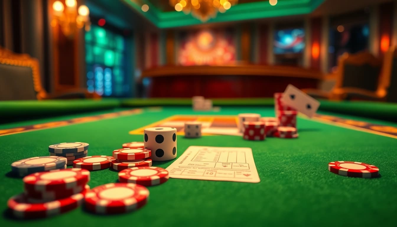 Engaging scene of Tài xỉu md5 game setup at a luxurious casino table with vibrant chips and dice.