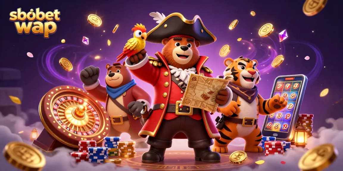 Engage with sbobet wap in a vibrant 3D illustration of a pirate bear and tiger amidst falling coins and sparkling gems.
