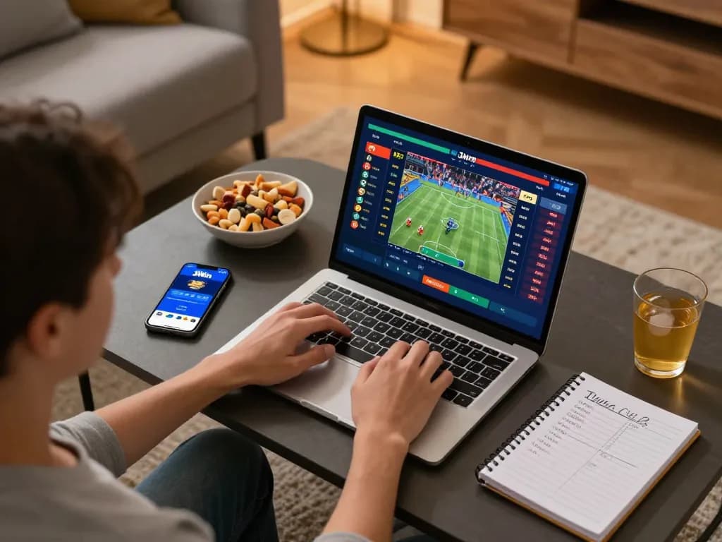Engaging in online sports betting with the 3Win app in a cozy modern living room.