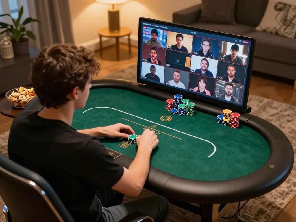 Manclub players engaging in an online poker game with vibrant chips and cozy atmosphere.
