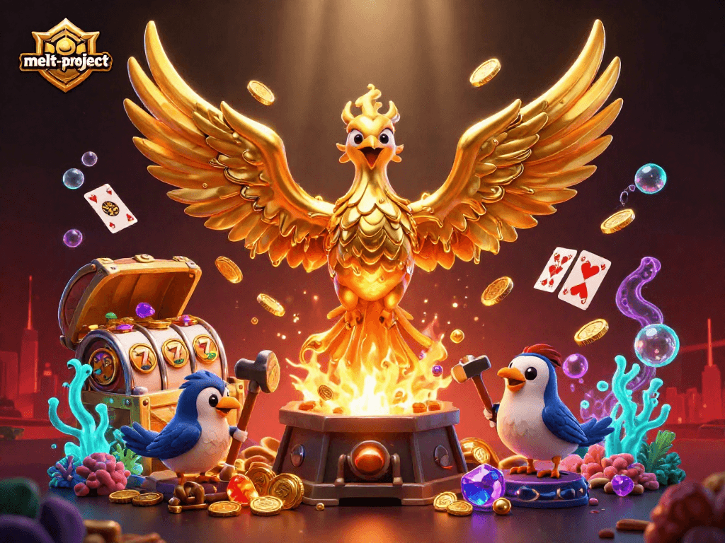 Experience dynamic gameplay at melt-project with a molten golden phoenix amidst casino symbols.