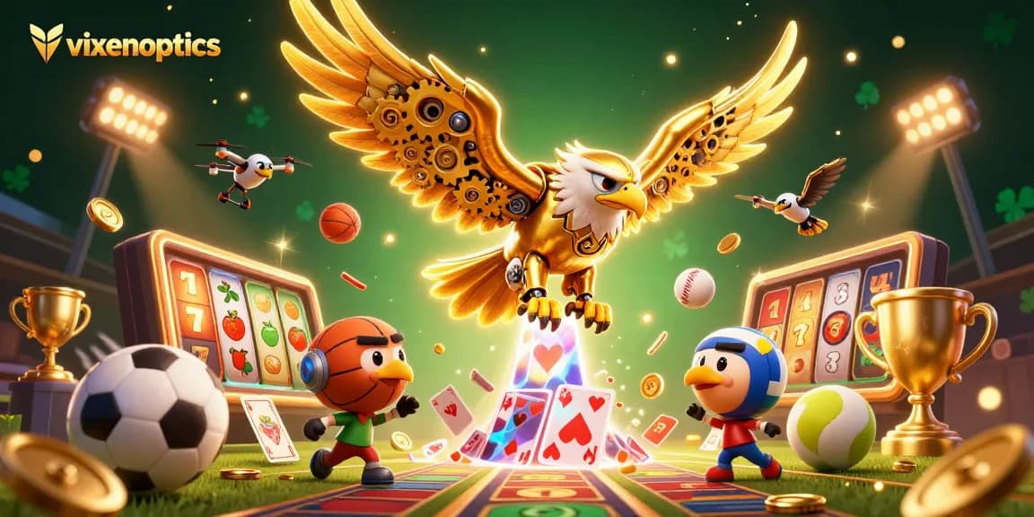 Experience exciting gameplay at vixenoptics with the golden eagle soaring through playing cards and sports elements.