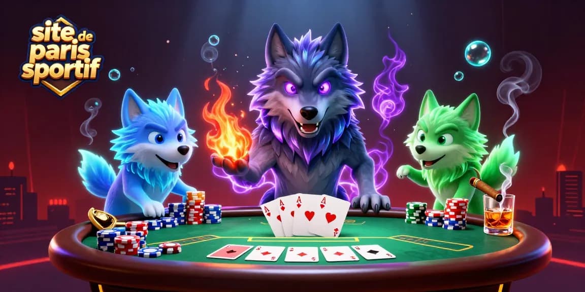 Découvrez l'univers du site de paris sportif avec des loups animés autour d'une table de poker.