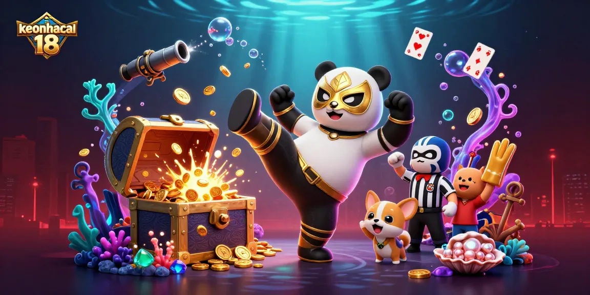 Engage with keonhacai 18 as a panda wrestler flies in a colorful casino world.