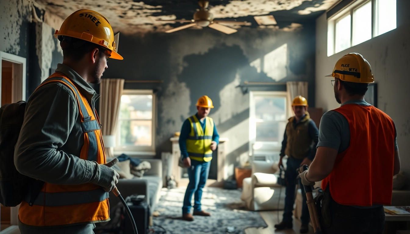 Technicians providing fire damage restoration services in a soot-damaged home.
