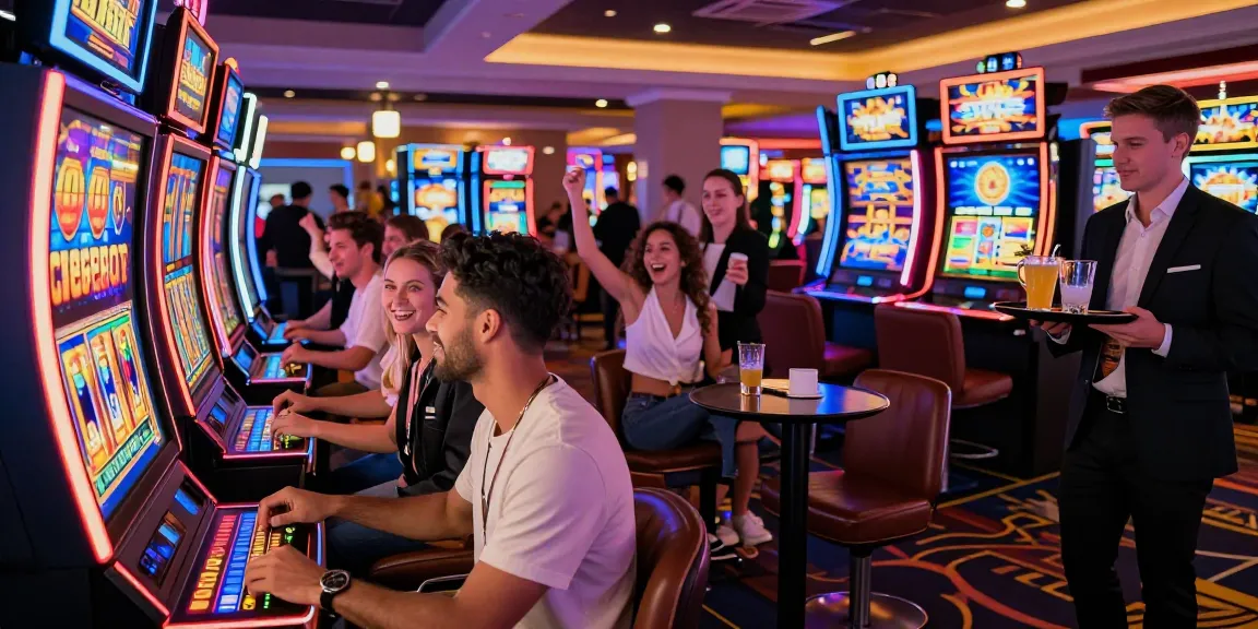 Friends playing slot machines in a vibrant casino, celebrating wins and enjoying the gaming atmosphere.