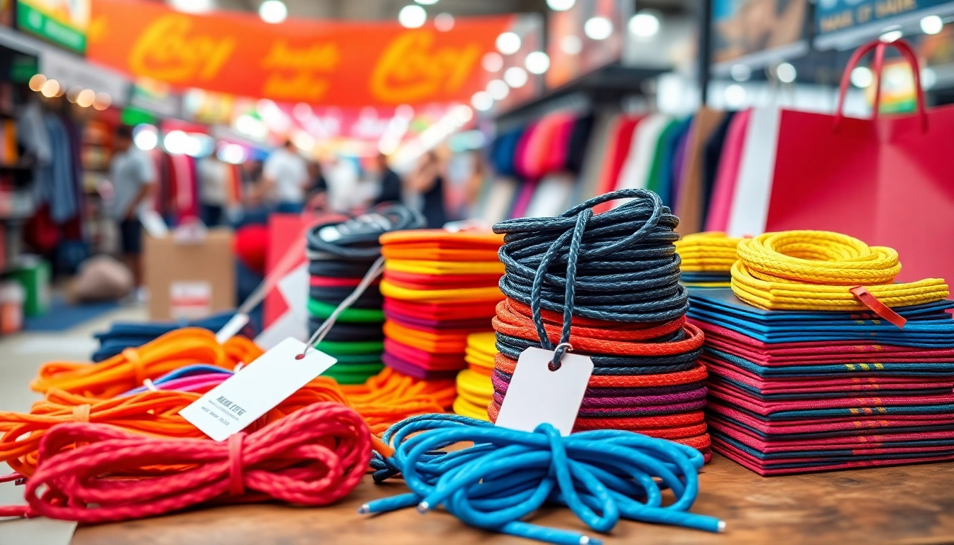 Buying shoelaces in bulk for resellers displayed on a wooden table with vibrant colors.