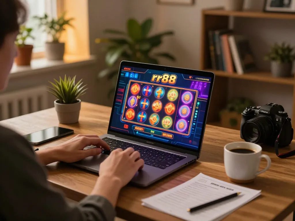 Excited player enjoying rr88 online casino game on laptop with colorful slot machines