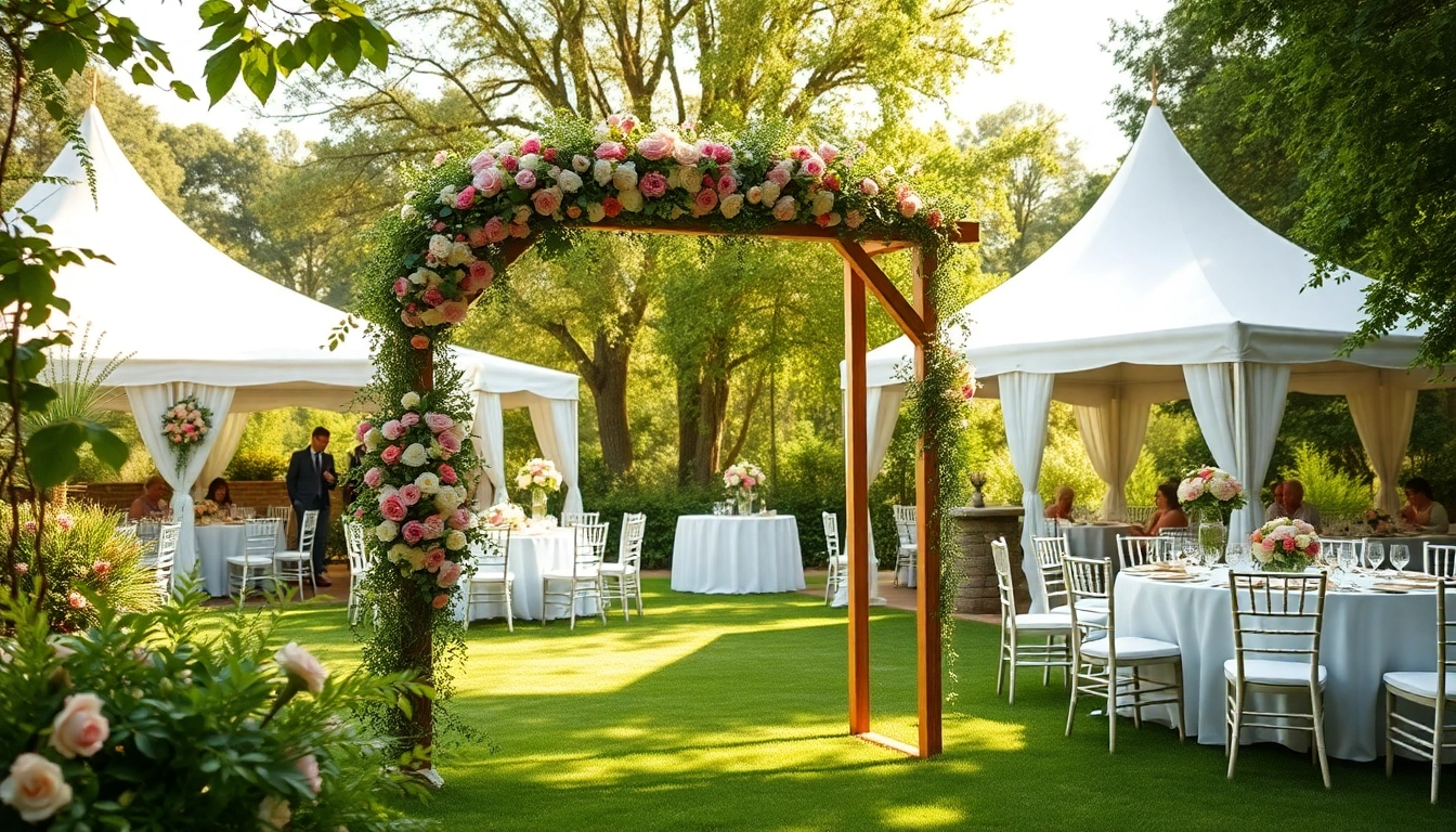 Feiern Sie Ihre Traumlocation Hochzeit in einem romantischen Garten mit schönen Blumendekorationen.