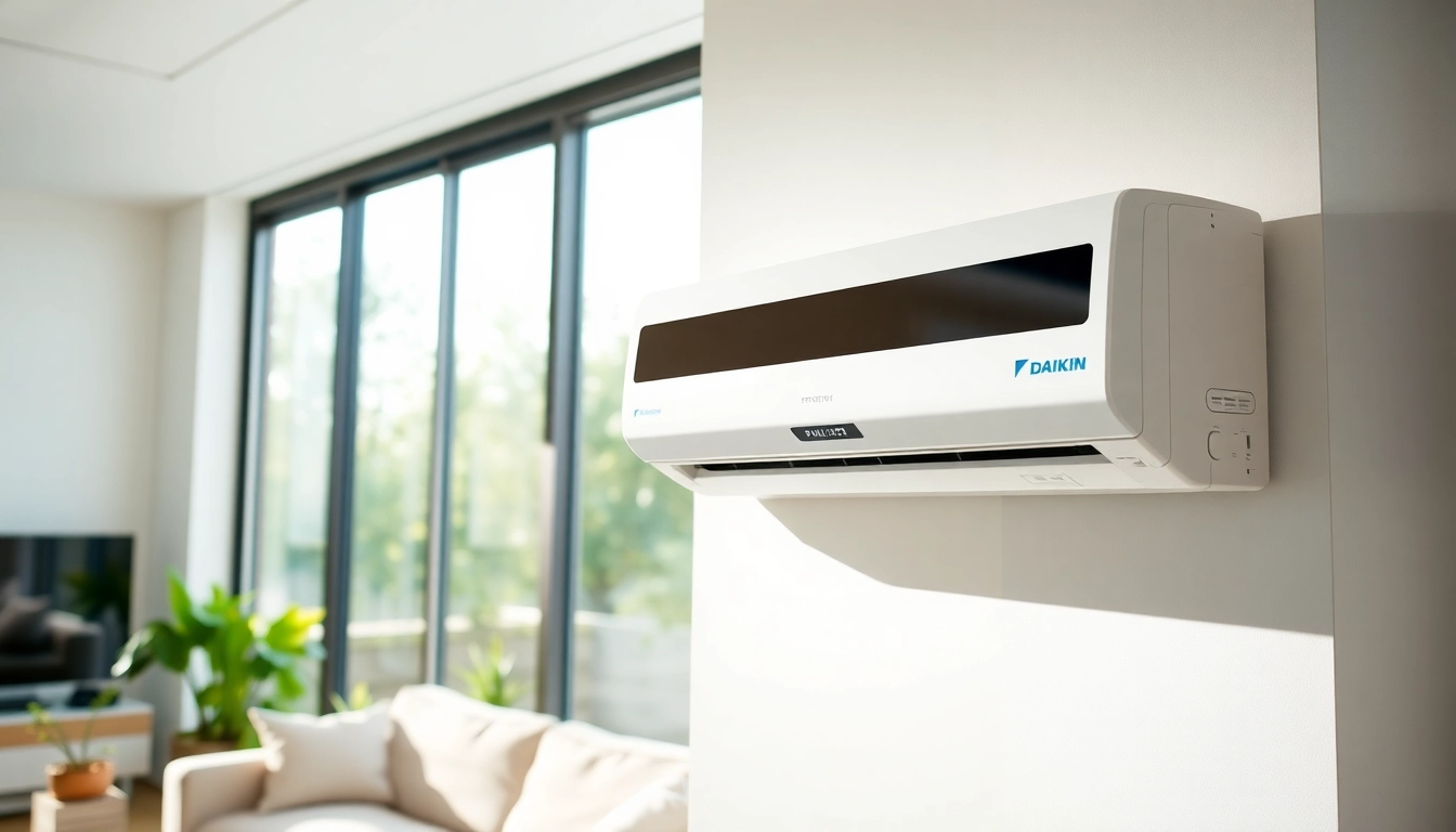 Explore a Daikin mini split AC unit in a contemporary living room setting, highlighting its sleek, modern design.