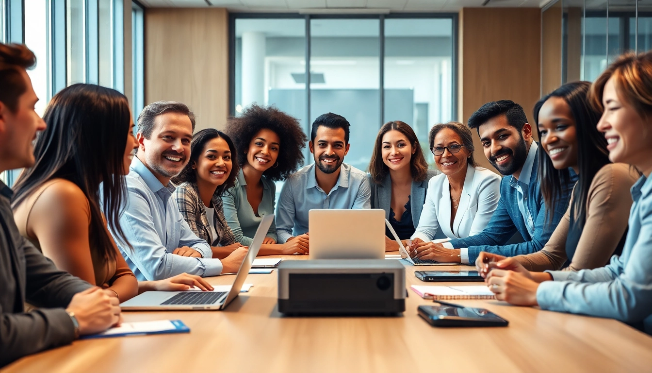 Engaged business team collaborating in a modern office environment.