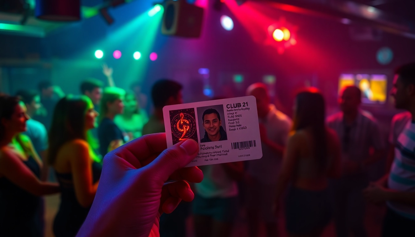 Group enjoying nightlife with Club 21 ids showcased, highlighting authenticity and quality.