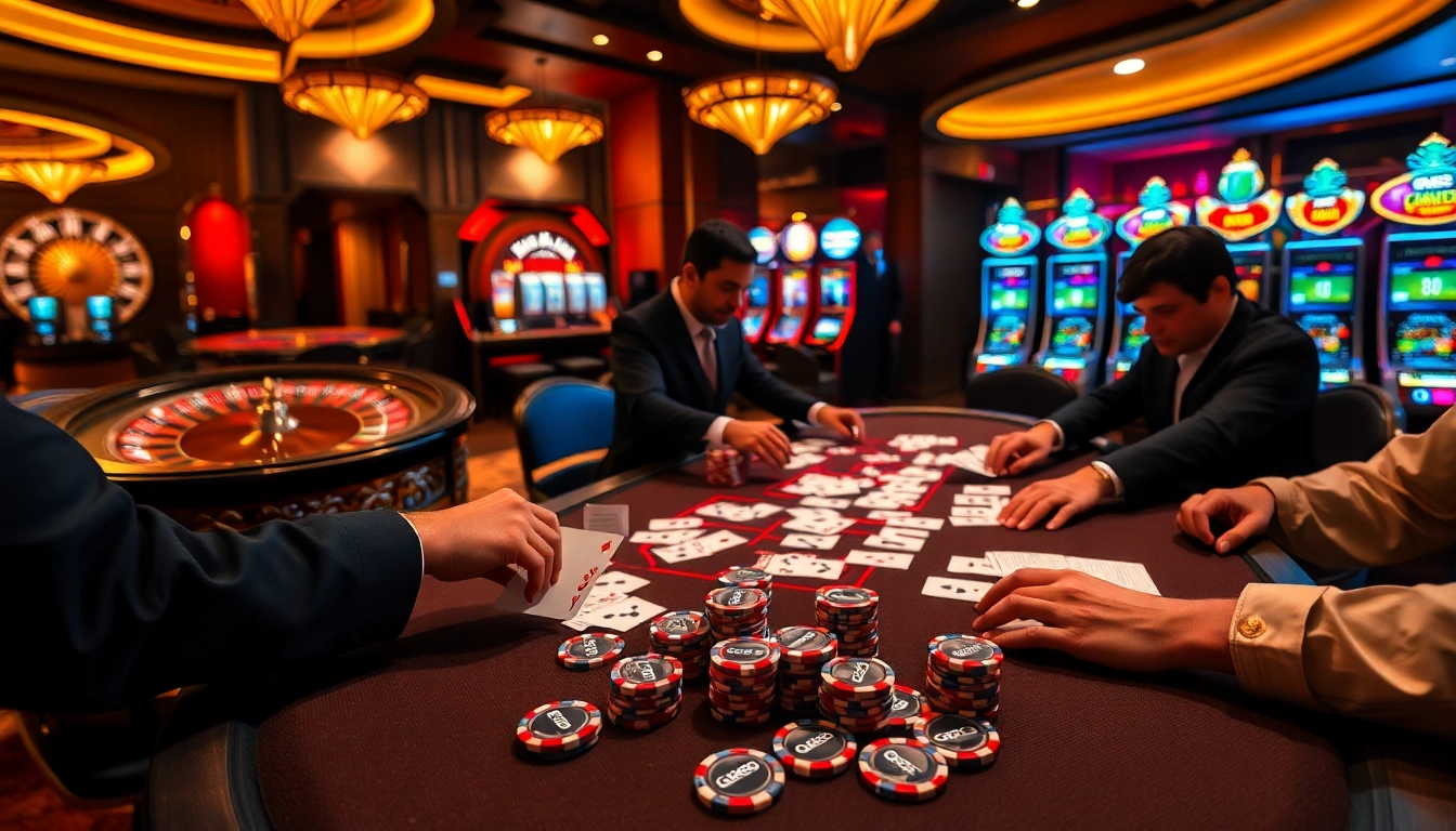 Players engage in a thrilling GK88 poker game at a luxury casino, with chips and cards displayed.