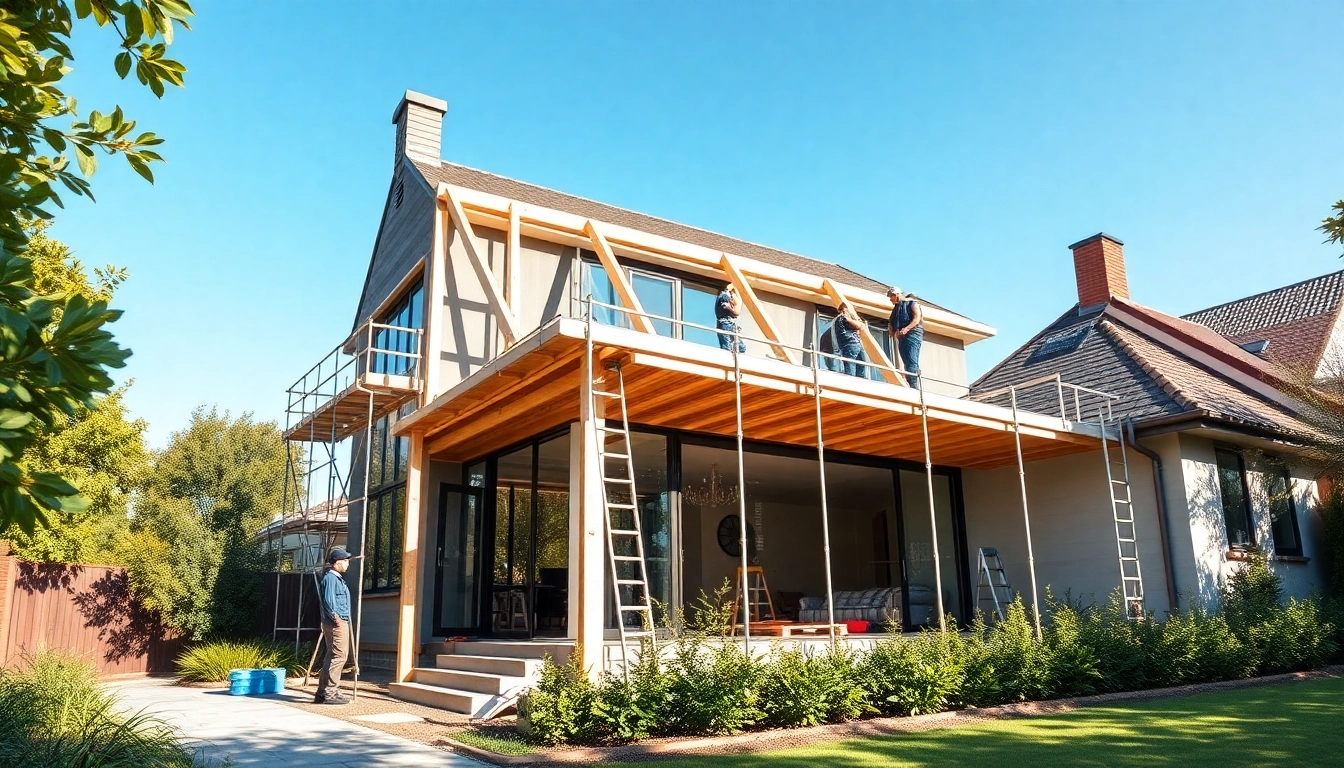 House extension construction showcasing builders at work on a modern Melbourne home.