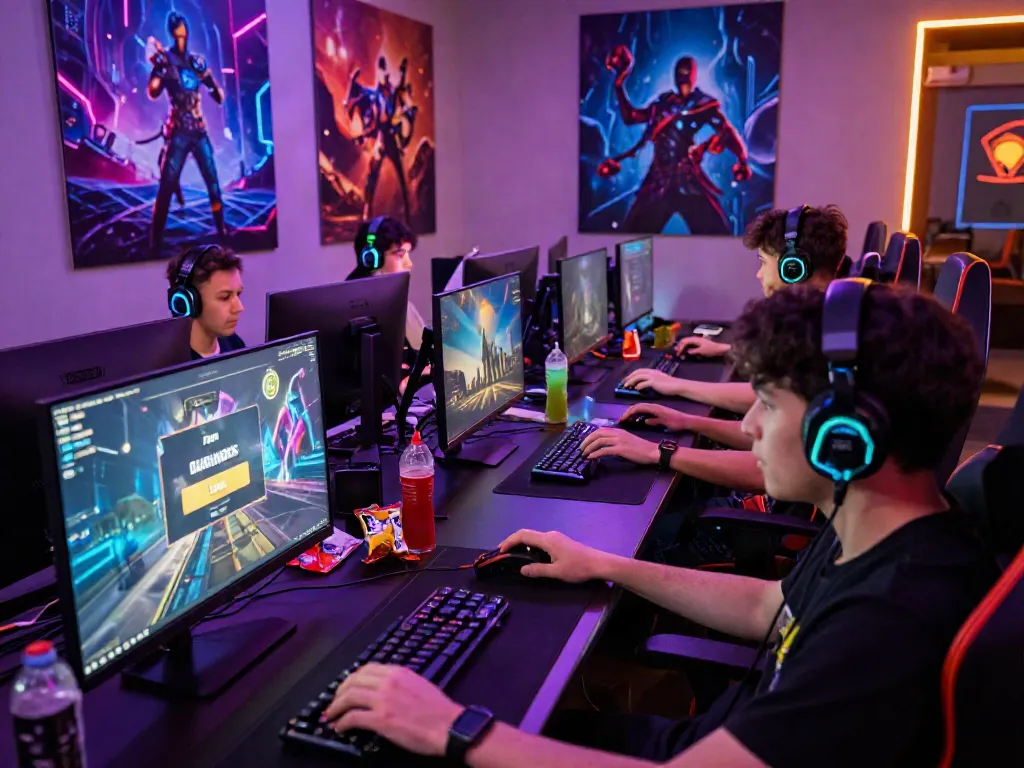 Exciting scene of players logging into DJARUMBOS LOGIN on vibrant gaming setups, showcasing competitive gaming atmosphere.