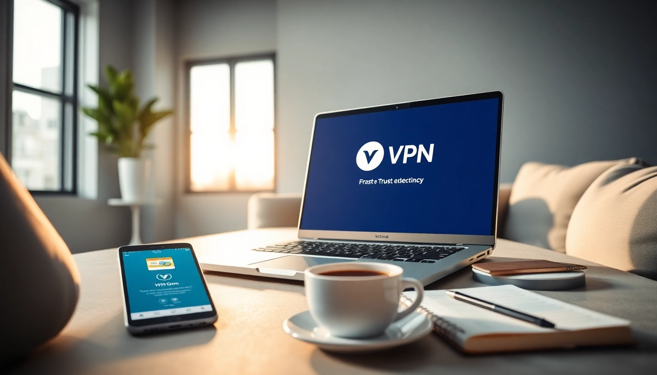 快连VPN displayed on a sleek laptop in a modern workspace, symbolizing enhanced digital security and connectivity.