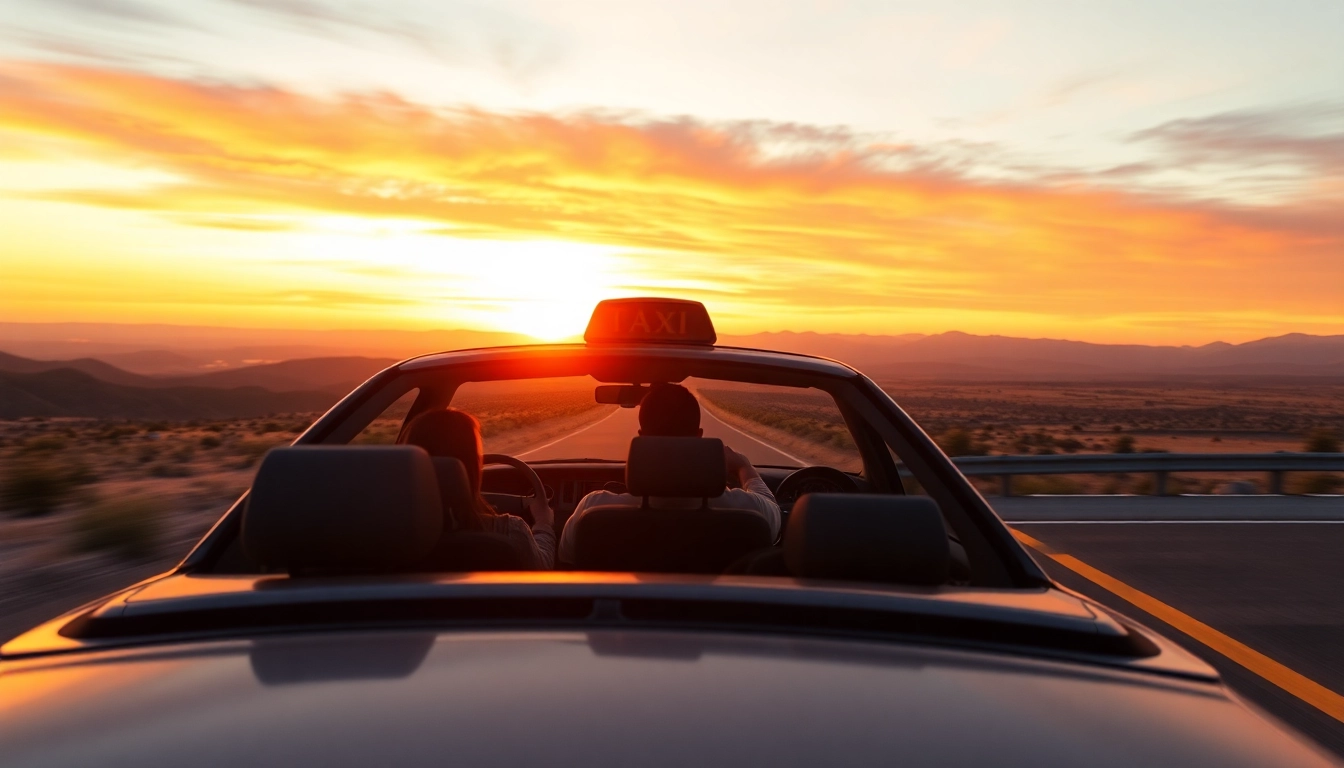 Experience LONG DISTANCE TAXI TRANSFERS while enjoying a scenic view of the landscape during sunset.