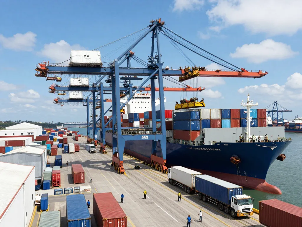 US port bustling with cargo cranes and ships, showcasing maritime trade.
