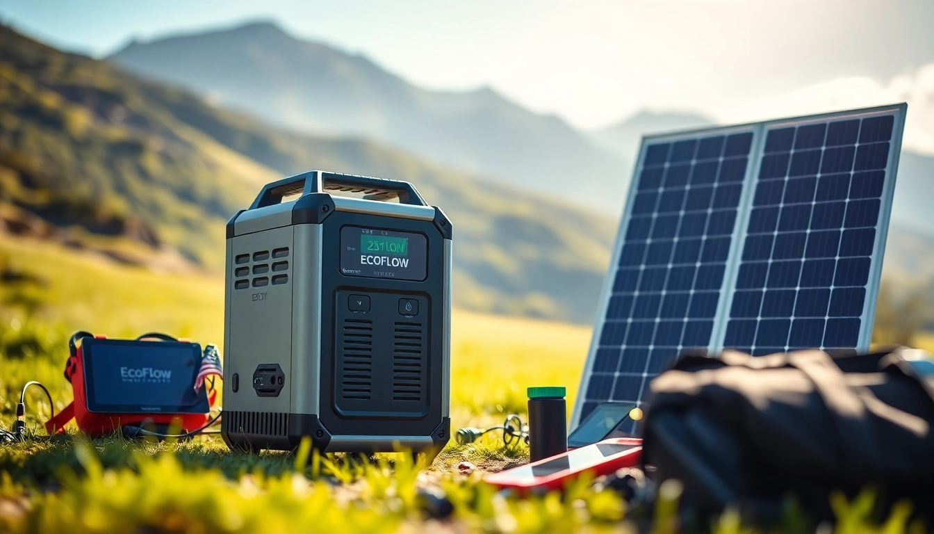 EcoFlow power station showcased among camping gear and solar panels in a vibrant outdoor setting.