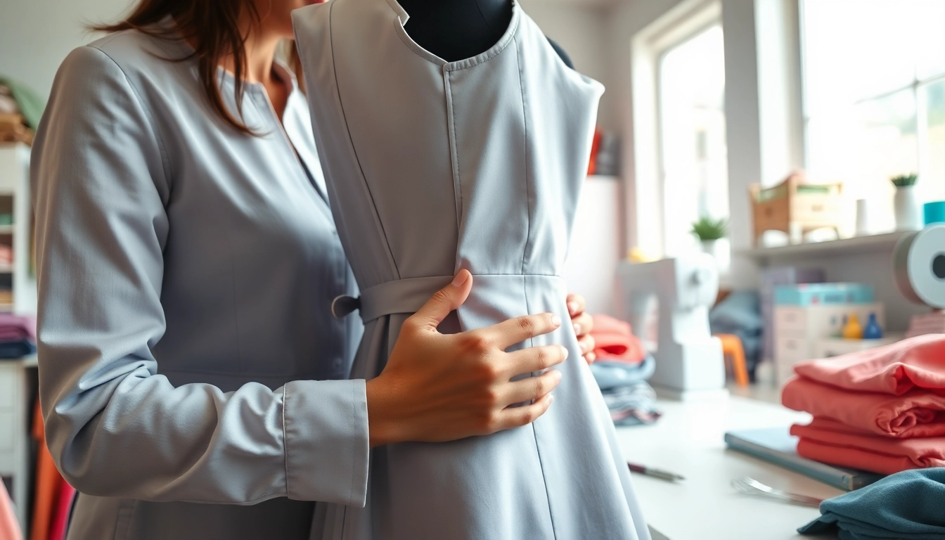 Tailor providing dress alterations Nashville in a bright studio with sewing tools and fabrics.