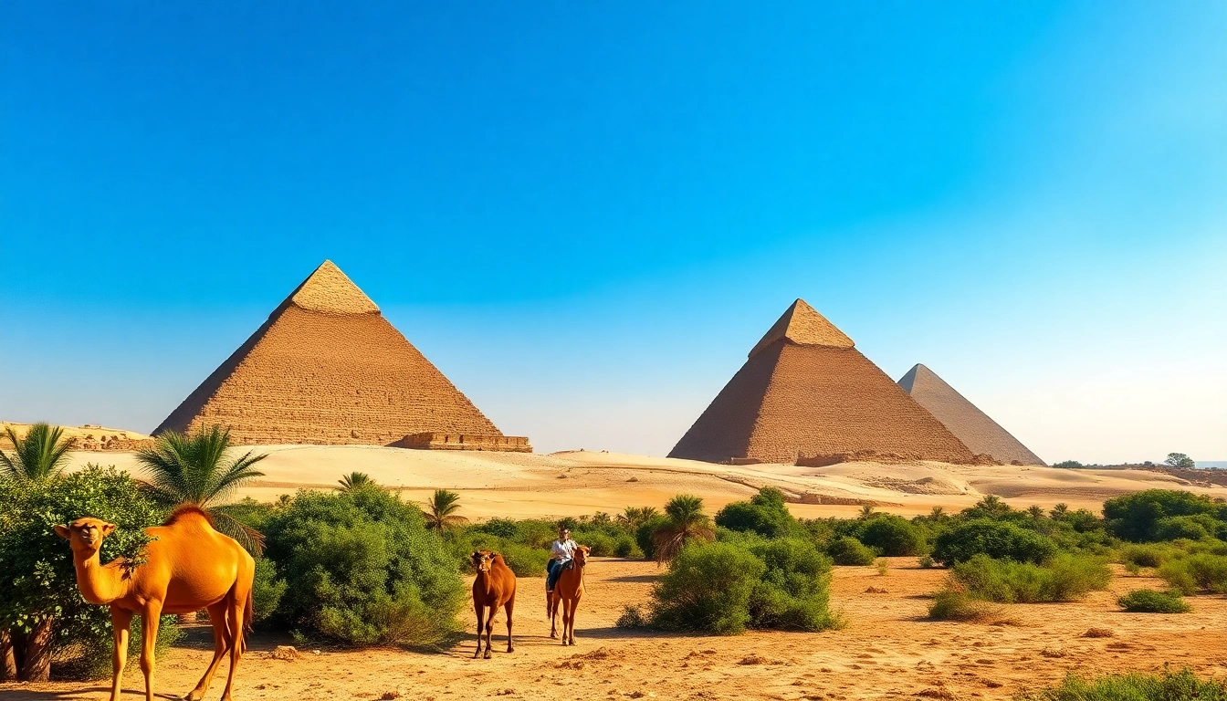 View stunning Pyramids of Giza against a clear sky, showcasing https://emegypt.net's rich history.