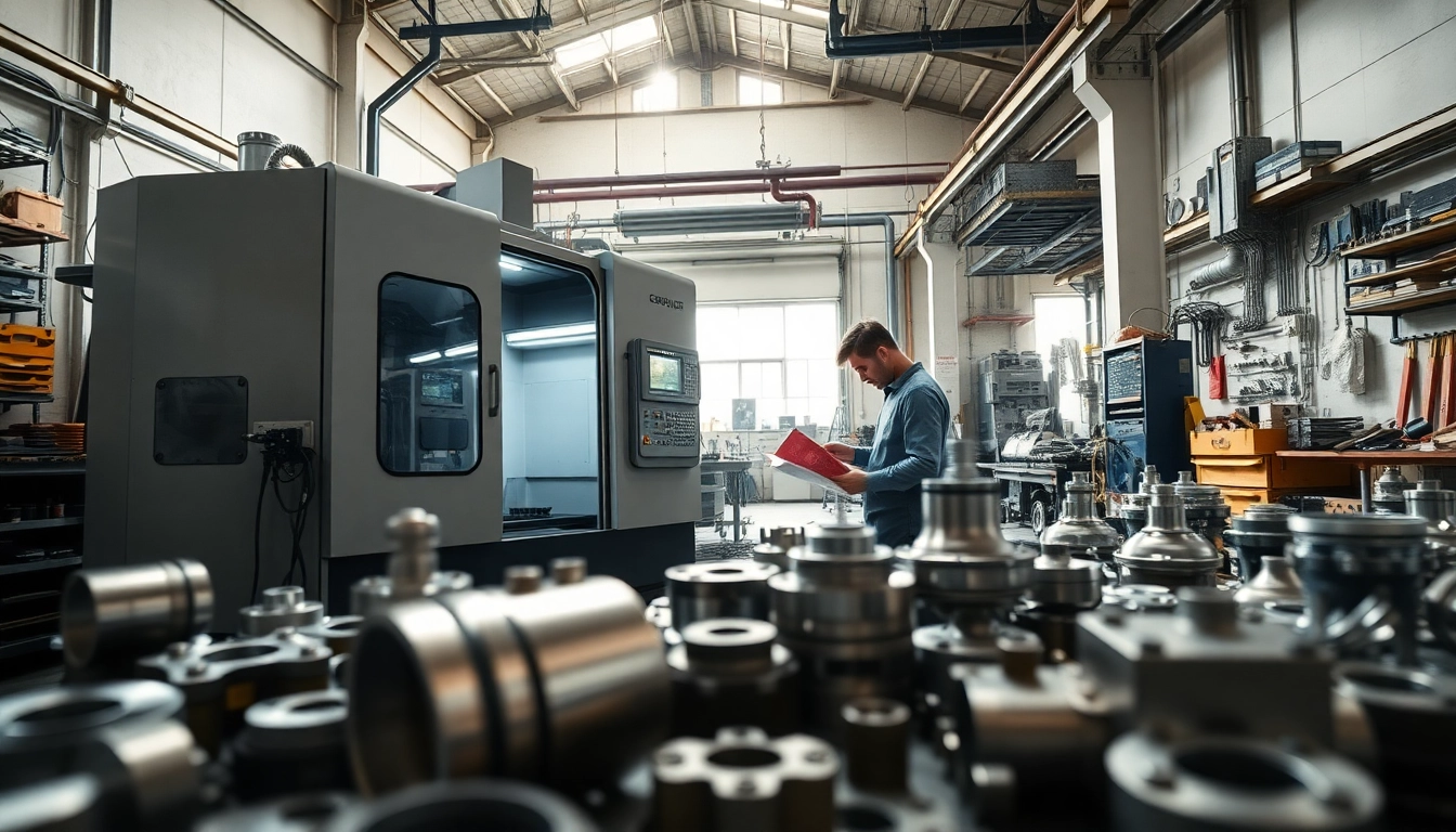 Custom part manufacturer showcasing precision CNC lathe work in a vibrant workshop environment.