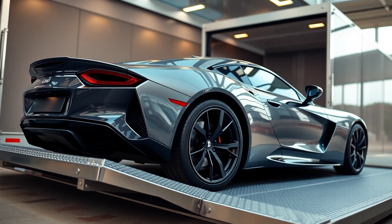 Transporting luxury vehicles with care at https://luxuryautocarriers.com showcasing an exotic car and state-of-the-art trailer.