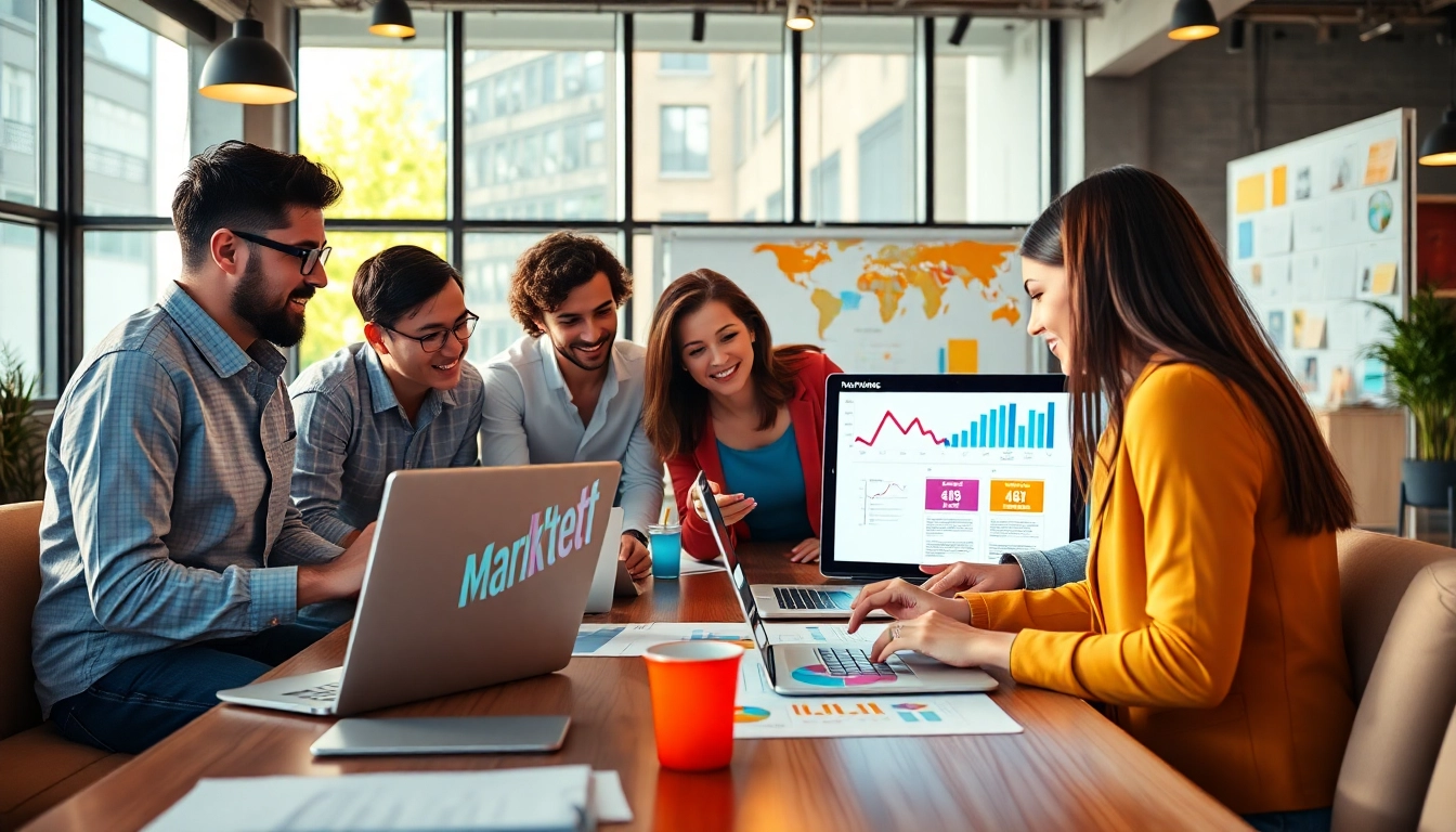 Edmonton social media marketing team collaborating in a vibrant office environment.