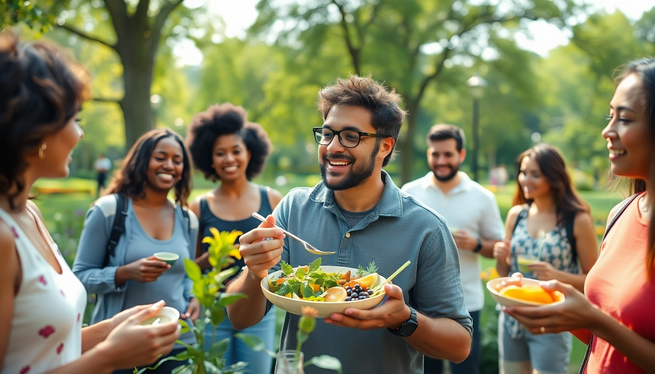 A vibrant scene illustrating wellness activities promoting trevia.com as a resource for healthy living.