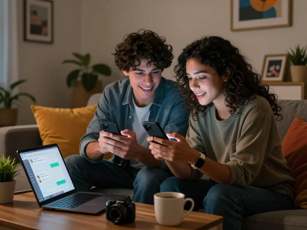 Young couple enjoying spicy chat on smartphones in cozy living room.