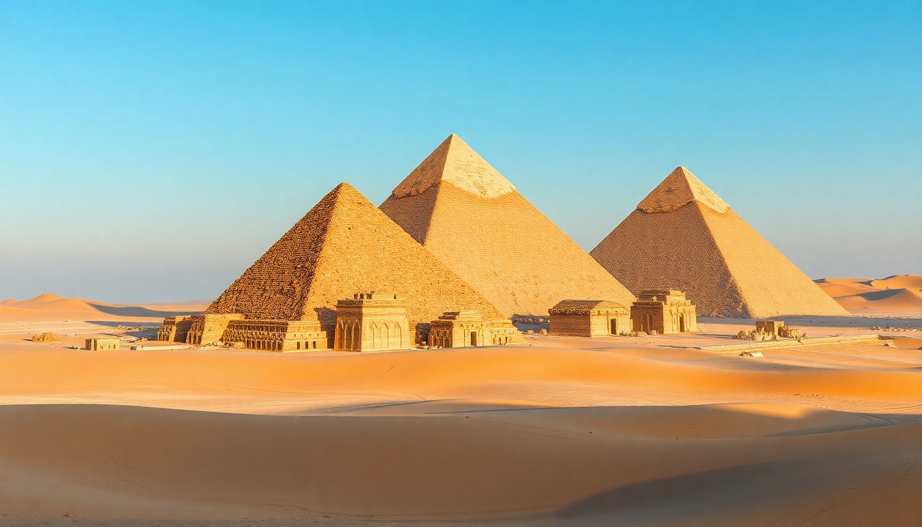 Aerial view of piraminds in the desert, showcasing their majestic structure and ancient texture.
