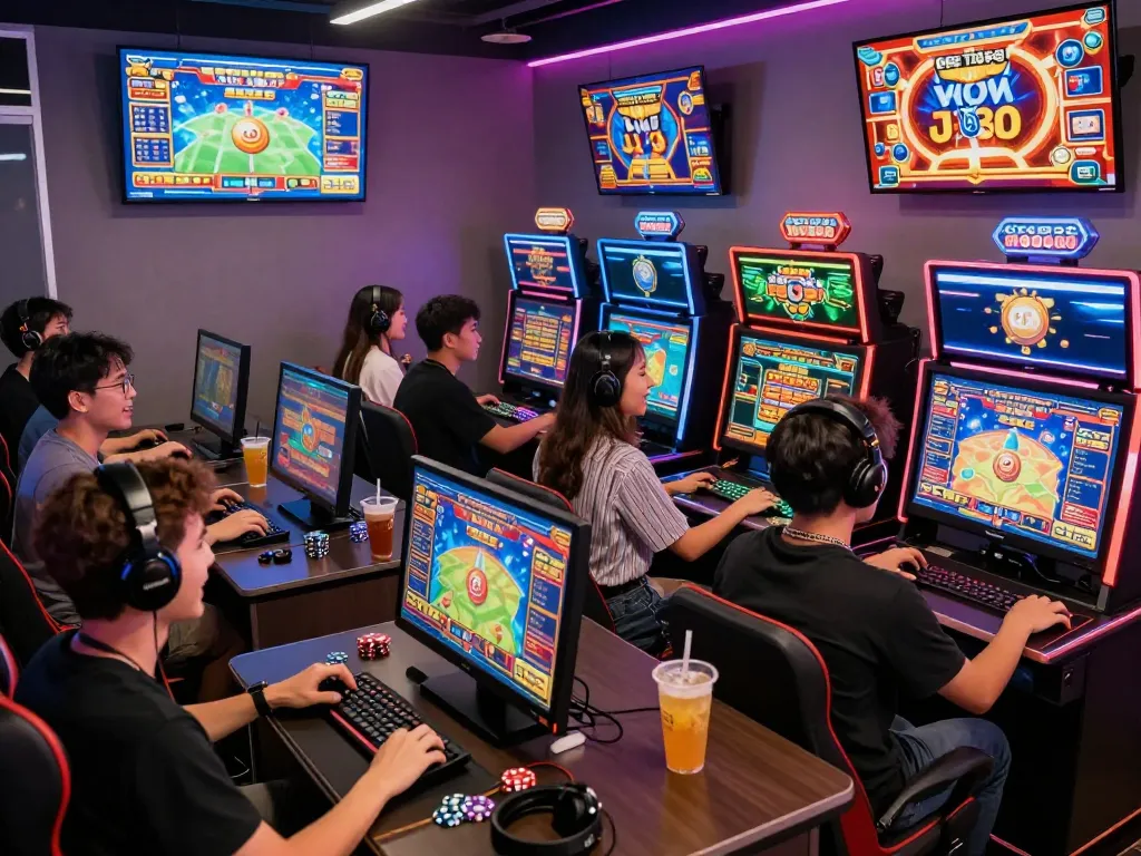 Group enjoying Agen Togel online gambling games in a vibrant gaming lounge.