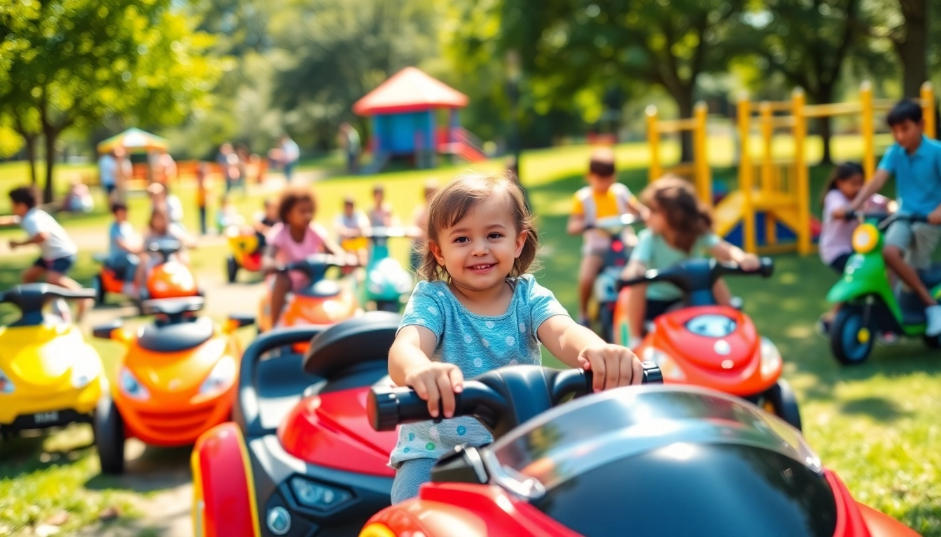 Children playing with ride on toys in a park, showcasing a joyful outdoor atmosphere.