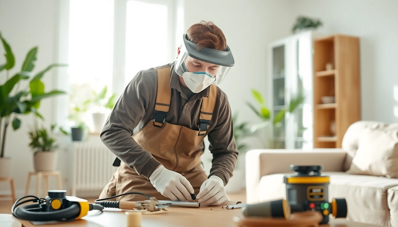 Executing same day bug removal by a pest control professional in a bright residential setting.