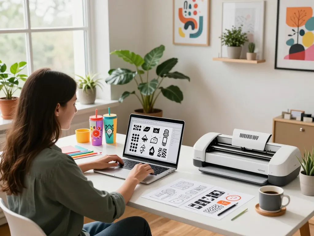 Designer curating vibrant SVG files for tumblers in a bright workspace.