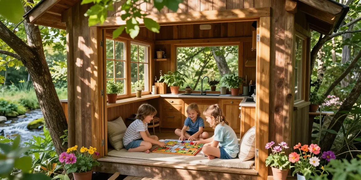 Family enjoying a fun time inside treehouses, surrounded by nature and greenery.
