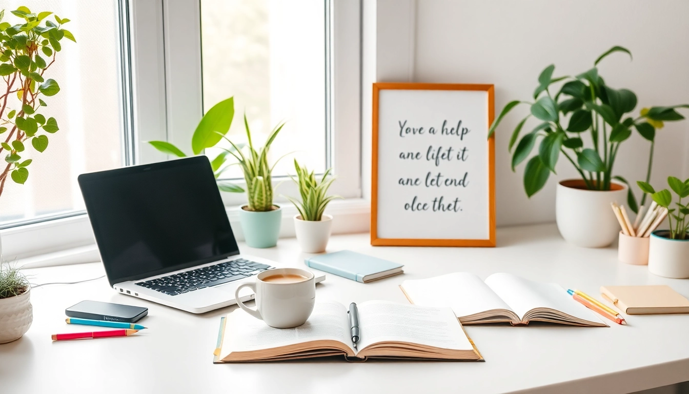 Explore https://giveaways4mom.com with a cozy and productive workspace showcasing coffee and plants.
