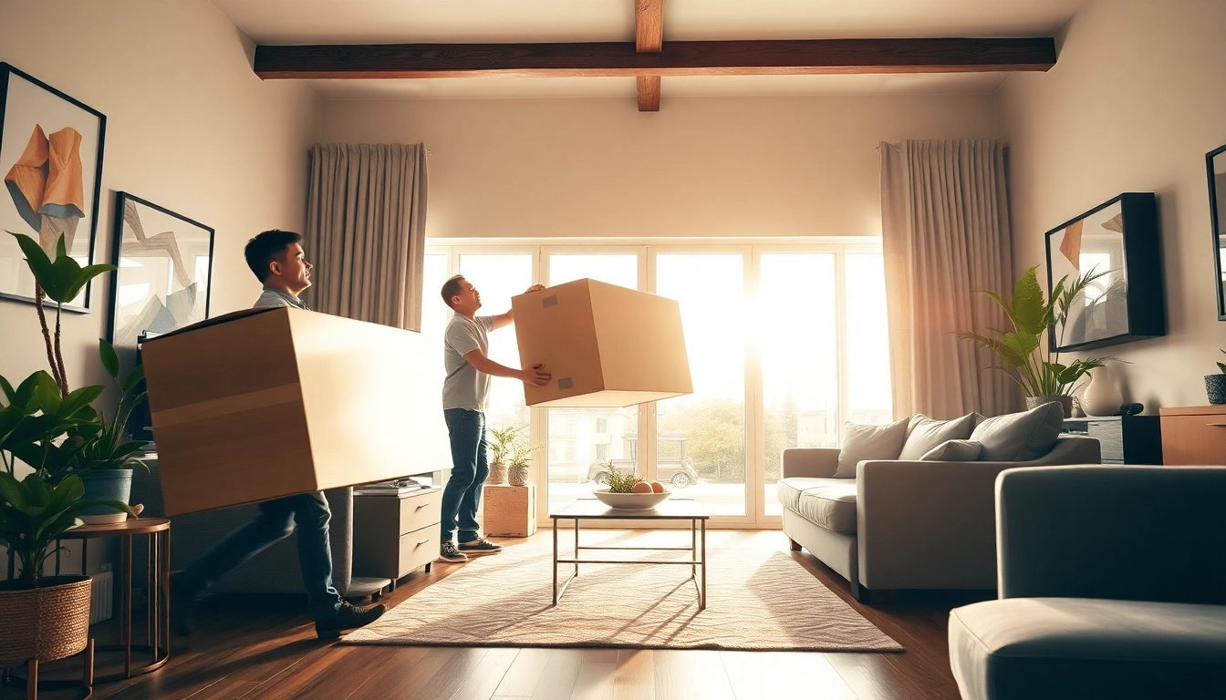 House removal companies carefully moving furniture in a well-lit living room.